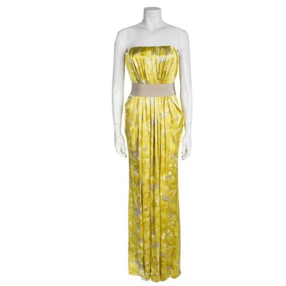 Carolina Herrera CH Yellow FLORAL Silk Pleat Strapless Maxi Dress Gown XS